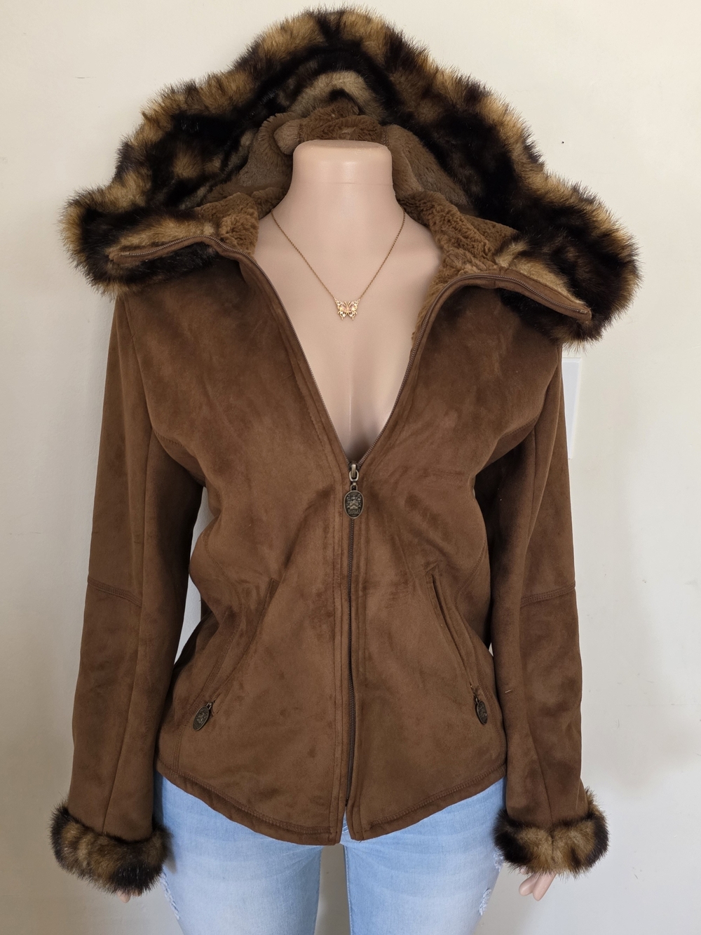 Hilary Radley Brown Suede Hooded Jacket with Fur Trim